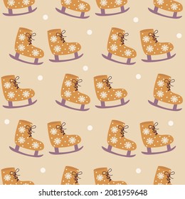 Seamless pattern skates with a snowflakes. Winter entertainment, ice skating. Snowing. Colorful vector illustration hand drawn print. Wrapping, textile, fabric or paper