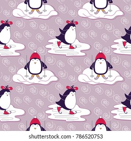 Seamless pattern with skating penguins on skis and skates. 