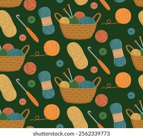 Seamless pattern with skeins of yarn, knitting needles, crochet and buttons. Hand drawn green background with basket with handicrafts.