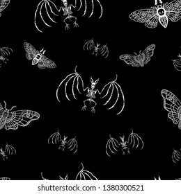 Seamless pattern. Skeleton of a bat and Dead head moth pattern. Halloween illustration.