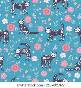 Seamless pattern and skeleton cats   flowers  Vector graphics 