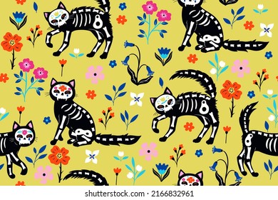 Seamless pattern with skeleton cats and flowers. Vector graphics.