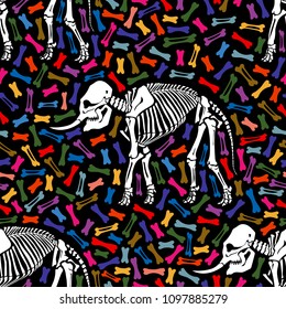 Seamless pattern. Skeleton of an elephant on a background of multi-colored bones. Anatomy of the mammoth. Ancient fossil animal. Great for printing on a T-shirt. Ideal for decoration of Halloween.