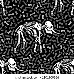 Seamless pattern. Skeleton of an elephant on a background of bones. Anatomy of the mammoth. Ancient fossil animal. Great for printing on a T-shirt. Ideal for decoration of Halloween.