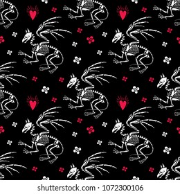 Seamless pattern. Skeleton of a gryphon among hearts and flowers. Gothic romantic illustration. Great for printing on T-shirts, for tattoos and more. Ideal for decoration of Halloween and the Day of t