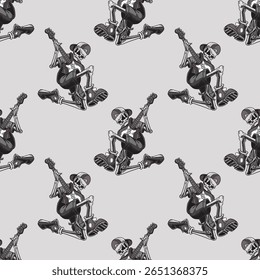 Padrão contínuo de esqueleto guitaristas em estilo monocromático