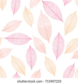 Seamless pattern with skeleton leaves. Autumn background. Vector illustration