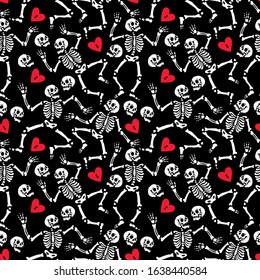 Seamless pattern. Skeleton in love dancing at a party. Unusual valentine. Romantic gothic ornament. Greeting card for Valentine's Day. Also great for Halloween.