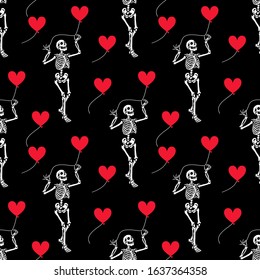 Seamless pattern. A skeleton in love holds a heart-shaped balloon. Unusual valentine. Romantic gothic ornament. Greeting card for Valentine's Day. Also great for Halloween.