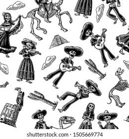 Seamless pattern skeleton in Mexican national costumes dance  praying  galloping horse  play the guitar  violin  trumpet  Vintage vector black engraving isolated white fond