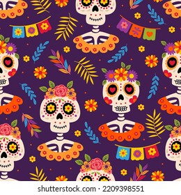 seamless pattern with  skeleton of a Mexican woman 