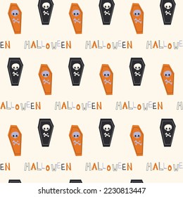 patrón ininterrumpido con esqueleto y ataúd multicolor.  ilustración vectorial para decoración de halloween