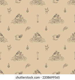 Seamless pattern with a skeleton on a motorcycle and other elements. For t shirt prints and other uses.