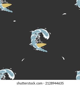 Seamless pattern with a skeleton on a surfboard on a wave. Flat vector illustration
