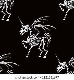 Seamless pattern. Skeleton of a pegasus with horn. Unicorn with wings. Great for printing on T-shirts, for tattoos and more. Ideal for Halloween.