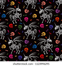 Seamless pattern. Skeleton of a pegasus with horn among the multicolored human skulls and bones. Unicorn with wings. Great for printing on T-shirts, for tattoos and more. Ideal for Halloween.