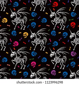 Seamless pattern. Skeleton of a pegasus with horn among human skulls and bones. Unicorn with wings. Great for printing on T-shirts, for tattoos and more. Ideal for Halloween.