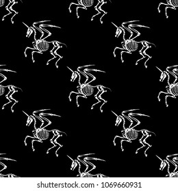 Seamless pattern. Skeleton of a pegasus unicorn on a black background. Legendary animals. Great for printing on T-shirts, for tattoos and more. Ideal for decoration of Halloween and the day of the dea