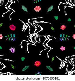 Seamless pattern. Skeleton of a pegasus unicorn among flowers. Pegasus with horn. Great for printing on T-shirts, for tattoos and more. Ideal for decoration of Halloween and the day of the dead.