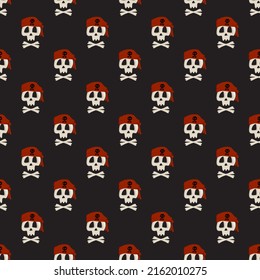 Seamless pattern with skeleton skull and crossbones in pirate bandana hat. Print of Item for Halloween on dark background. Design for textile and wrapping paper. Vector flat illustration
