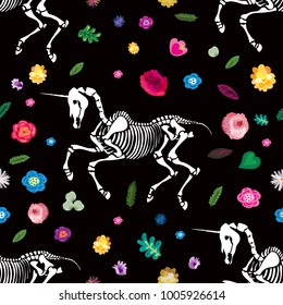 Seamless pattern. Skeleton of a unicorn among flowers. Ideal for decoration of Halloween, the Day of the Dead and more.