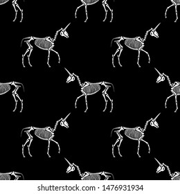 Seamless pattern. Skeleton of a unicorn. Anatomy of magical creatures. Great for printing on T-shirts, for tattoos and more. Happy Halloween!