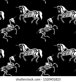Seamless pattern. Skeleton of the unicorn. Great for printing on T-shirts, for tattoos and more. Illustration for Halloween.
