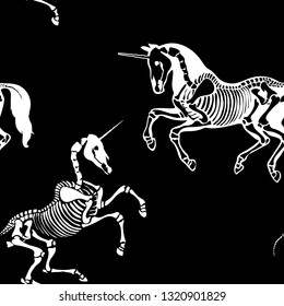 Seamless pattern. Skeleton of the unicorn. Great for printing on T-shirts, for tattoos and more. Illustration for Halloween and the Day of the Dead.