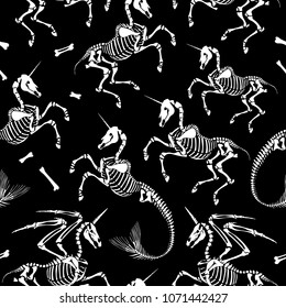 Seamless pattern. A skeleton of a unicorn with a mermaid's tail, "Mermikorn". Skeleton of a pegasus with horn. Skeleton of the unicorn. Ideal for decoration of Halloween.