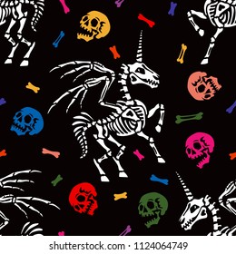 Seamless pattern. Skeleton of a unicorn with wings among the multicolored human skulls and bones. Great for printing on T-shirts, for tattoos and more. Ideal for Halloween.