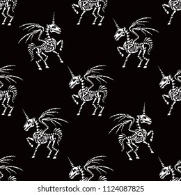 Seamless pattern. Skeleton of a unicorn with wings on a black background. Pegasus with horn. Great for printing on T-shirts, for tattoos and more. Ideal for Halloween.