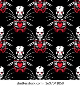 Seamless pattern. A skeleton with wings holds a heart in its hands. Unusual valentine. Romantic gothic ornament. Greeting card for Valentine's Day. Also great for Halloween.