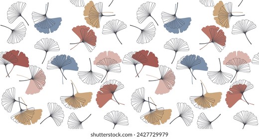 Seamless pattern with skeletonized gingko biloba leaves, veined, in black and beige. Vector illustration EPS10