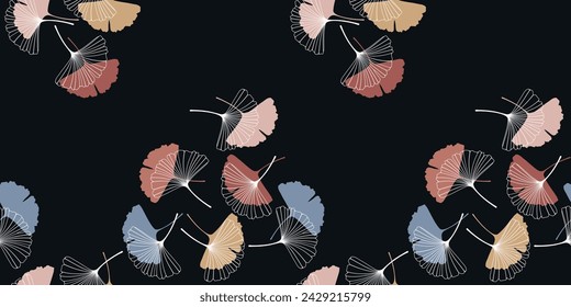 Сoloured seamless pattern with skeletonized gingko biloba leaves, veined, black background. Vector illustration EPS10