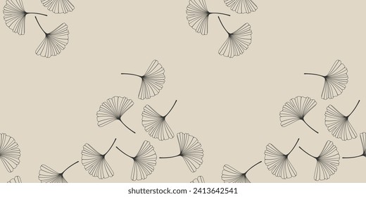 Seamless pattern with skeletonized ginkgo biloba leaves, veined, background in black and beige. Vector illustration EPS10