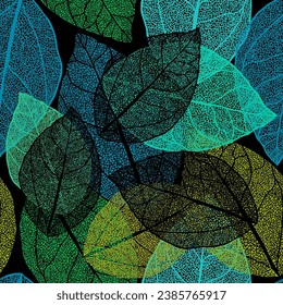 Seamless pattern of skeletonized leaves. hand drawing. Not AI. Vector illustration