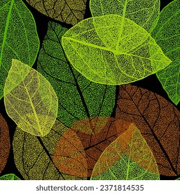 Seamless pattern of skeletonized yellow autumn leaves. hand drawing. Not AI, Illustrat3. Vector illustration