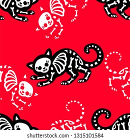 Seamless pattern. Skeletons of cats isolated on red background. Can be used for t-shirt print, poster, card. Ideal for Halloween, the Day of the Dead and more.