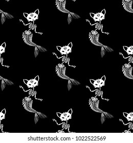 Seamless pattern. Skeletons of cats mermaids are dancing. Purrmaid is a cat with a tail of a mermaid. Can be used for t-short print, poster or card. Ideal for Halloween, the Day of the Dead and more.