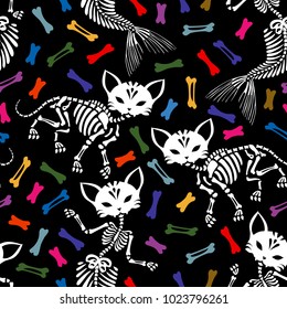 Seamless pattern. Skeletons of cats and mermaids. Background of multi-colored bones. Can be used for t-short print, poster or card. Ideal for Halloween, the Day of the Dead and more.