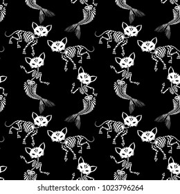 Seamless pattern. Skeletons of cats and mermaids. Purrmaid is a cat with a tail of a mermaid. Can be used for t-short print, poster or card. Ideal for Halloween, the Day of the Dead and more.