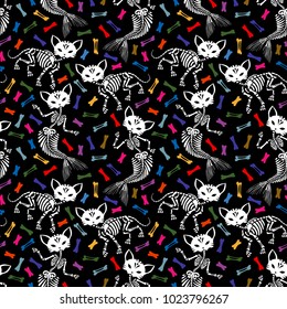 Seamless pattern. Skeletons of cats and mermaids. Purrmaids. Background of multi-colored bones. Can be used for t-short print, poster or card. Ideal for Halloween, the Day of the Dead and more.