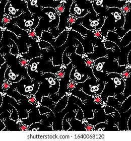 Seamless pattern. Skeletons of cats with red hearts. For Valentine's Day. Also great for Halloween.