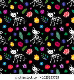 Seamless pattern. Skeletons of cats are walking in the flower garden. Can be used for t-short print, poster or card. Ideal for Halloween, the Day of the Dead and more.