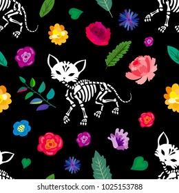  Patrón sin problemas. Esqueletos de gatos caminan por el jardín de flores. Anatomía del gato. Diferentes flores en el jardín nocturno. Se puede utilizar para imprimir, afiche o tarjeta corta. Ideal para Halloween, el