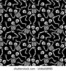 Seamless pattern. Skeletons dancing at a party. Human skeletons in various poses. Set for halloween. Black background. For tattoo, print on t-shirt and more. Happy Halloween!