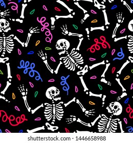 Seamless pattern. Skeletons dancing at a party. Human skeletons in various poses. Black background. For tattoo, print on t-shirt and more. Happy Halloween!