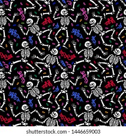 Seamless pattern. Skeletons dancing at a party. Human skeletons in various poses. Black background. For tattoo, print on t-shirt and more. Happy Halloween!