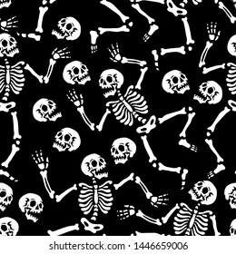 Seamless pattern. Skeletons dancing at a party. Human skeletons in various poses. Isolated on black background. For tattoo, print on t-shirt and more. Happy Halloween!
