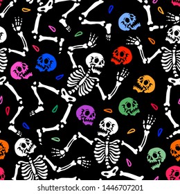 Seamless pattern. Skeletons dancing at a party. Human skeletons in various poses. For tattoo, print on t-shirt and more. Happy Halloween!